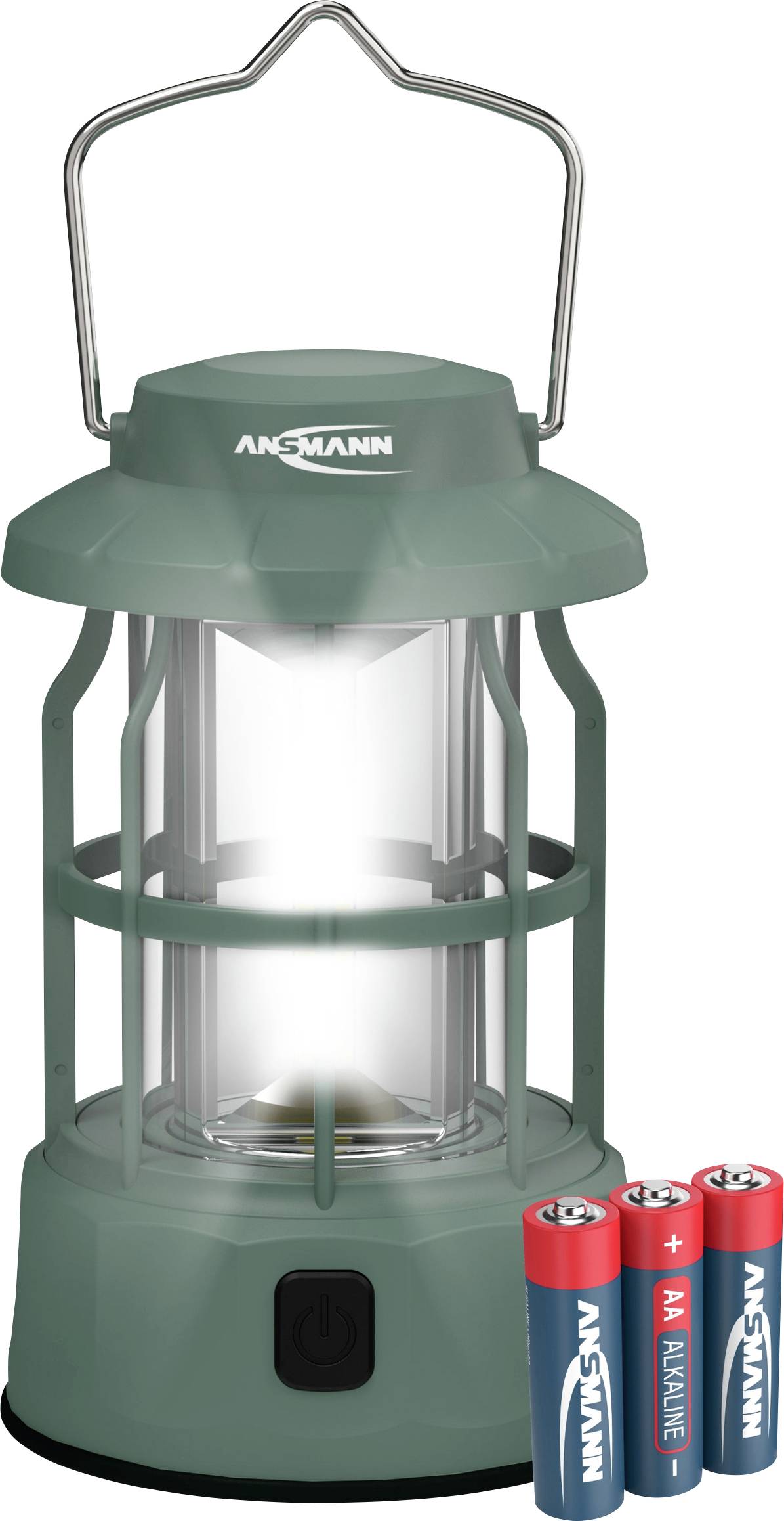 Zelená LED lampa so silnou rukoväťou, ktorá vyžaruje jasné svetlo zvnútra. Vedľa nej sú umiestnené tri batérie AA označené ako "ANSMANN".