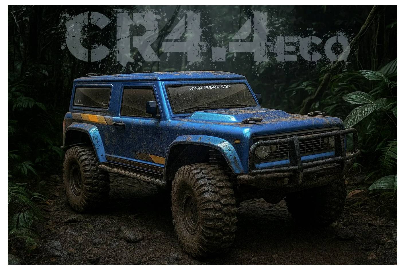 Modrý terénny automobil s veľkými pneumatikami je zaparkovaný na bahnitej lesnej ceste. Text „CR4-4ECO" je zobrazený nad ním.