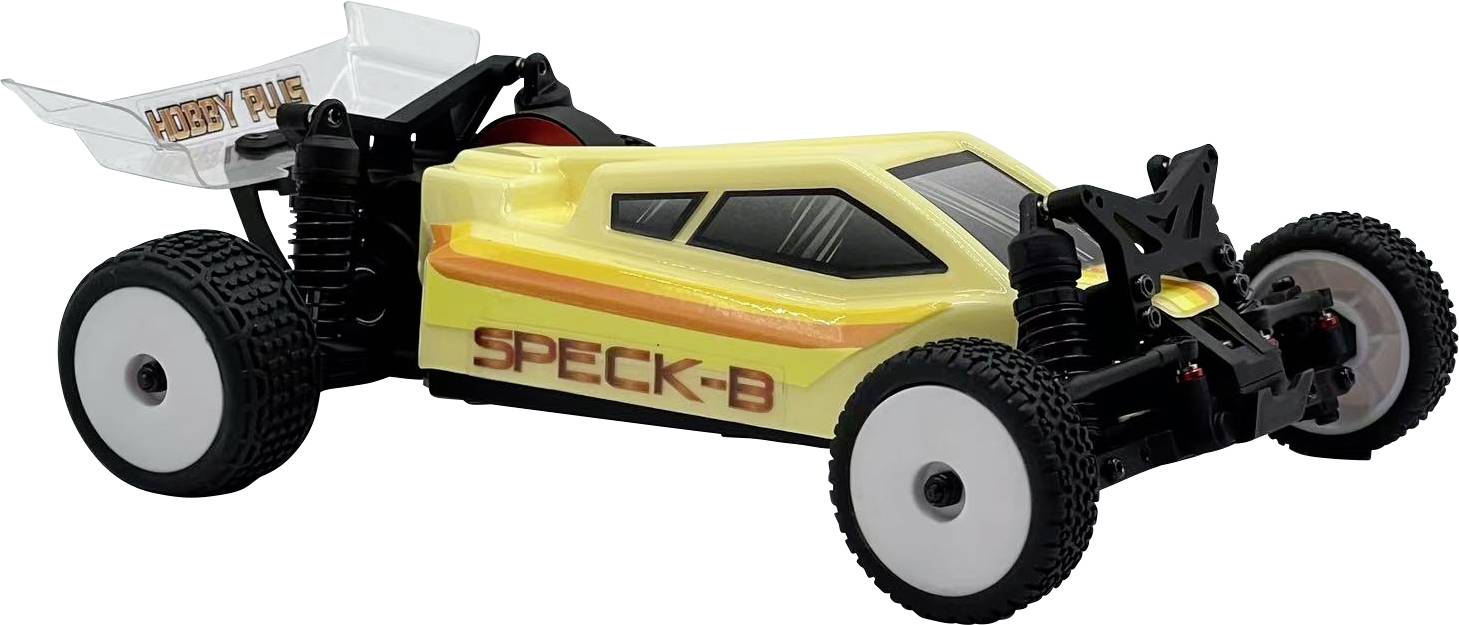 Žltý a oranžový diaľkovo ovládaný automobil s nápisom 'SPECK-B' na boku, vybavený veľkými pneumatikami a aerodynamickým dizajnom.