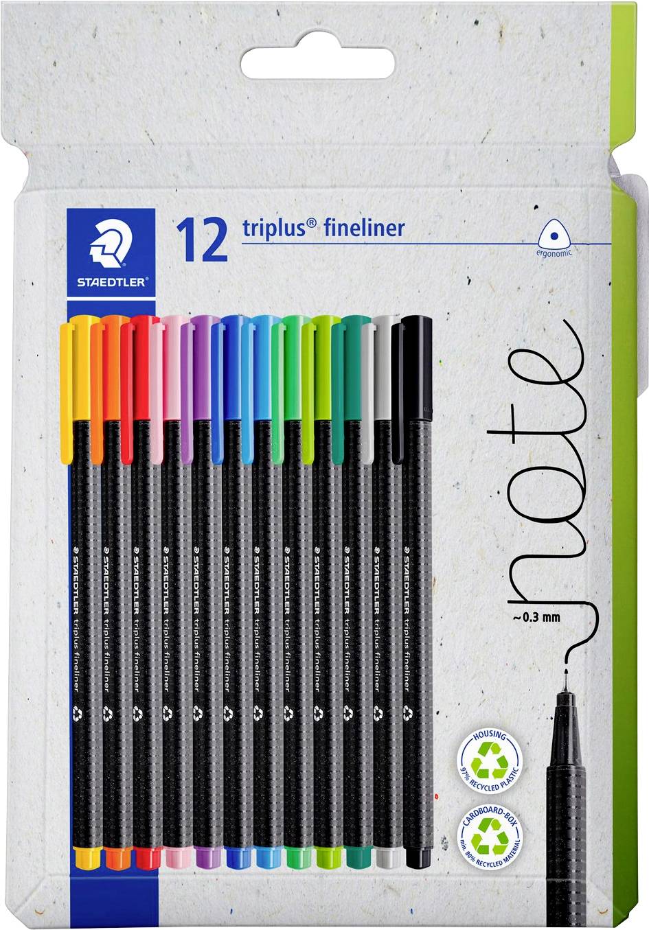 Sada 12 farebných pier 'Staedtler triplus fineliner', hrúbka čiary 0,3 mm, ekologicky šetrná s recyklačným symbolom na obale.