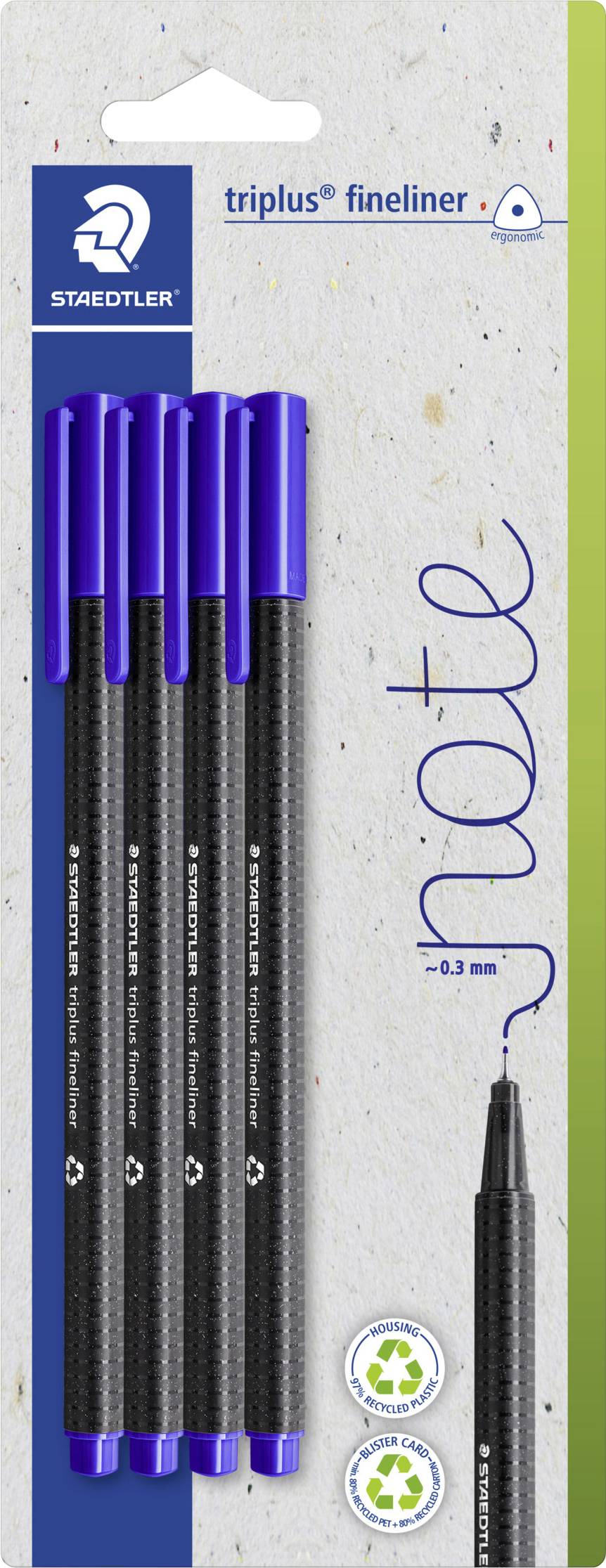Sada 'Staedtler triplus fineliner' so štyrmi modrými perami, označená ako 'note 0.3'. Na obale sú symboly recyklácie.