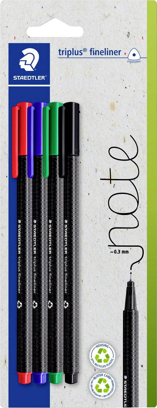Balenie štyroch pier Staedtler triplus fineliner v červenej, modrej, zelenej a čiernej farbe. Obal zvýrazňuje symbol 'poznámka' a symbol šetrnosti k životnému prostrediu.