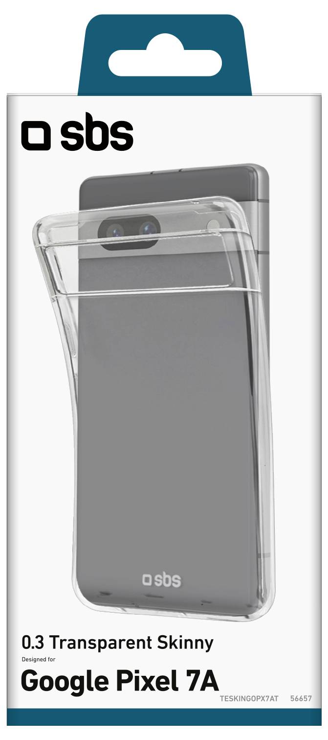 Plastový obal na telefón pre 'Google Pixel 7A'. Transparentný obal zobrazený na telefóne s '0.3 Transparent Skinny' a značkou 'SBS'.