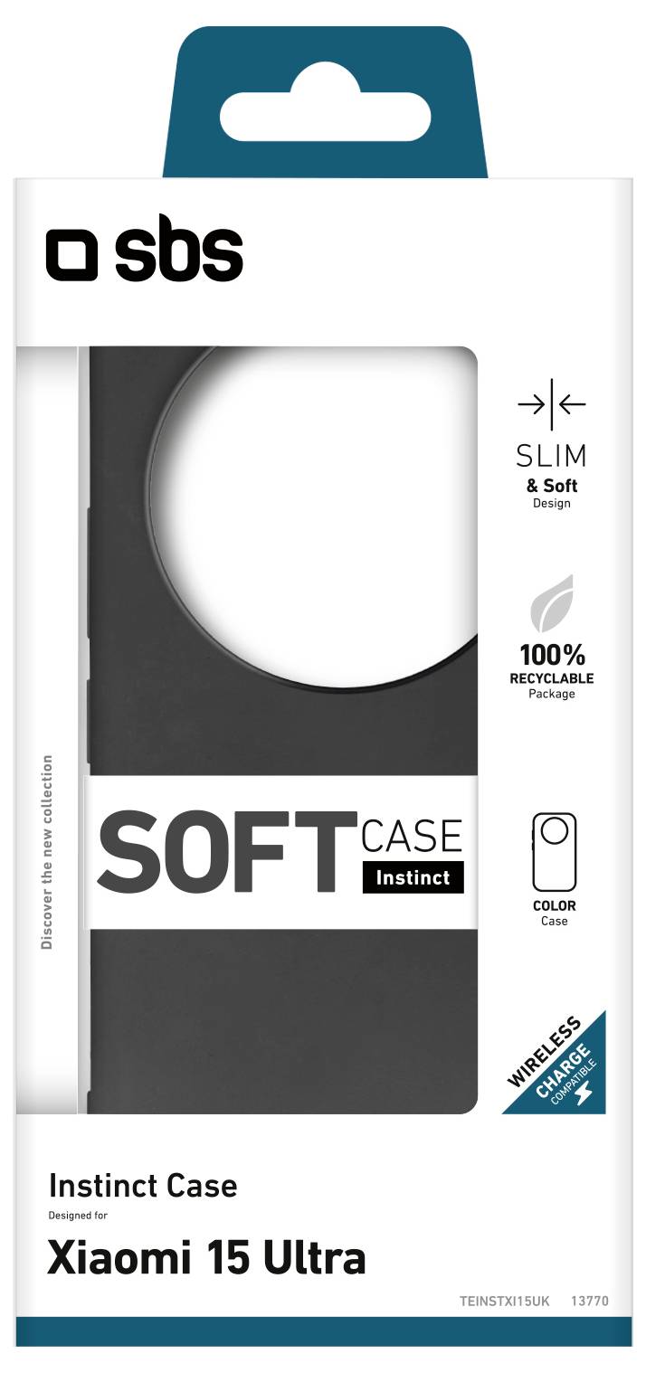 Puzdro SBS Instinct pre Xiaomi 15 Ultra s balením obsahujúcim mäkký, tenký dizajn kompatibilný s bezdrôtovým nabíjaním a 100% recyklovateľným obalom.