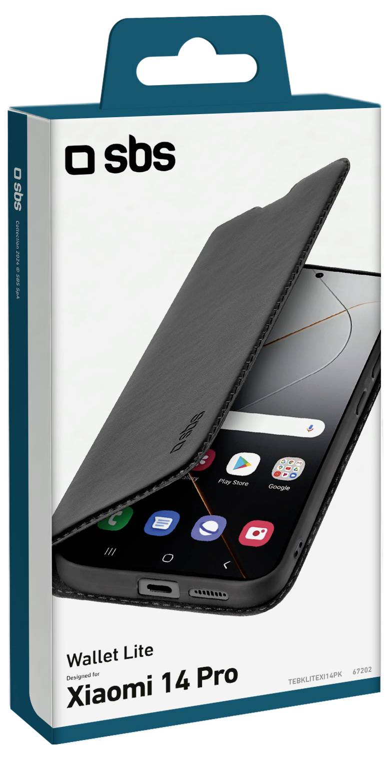 Balenie puzdra na telefón „Wallet Lite" pre Xiaomi 14 Pro od SBS, obsahujúce čierne puzdro a grafiku telefónu zobrazujúcu ikony aplikácií na obrazovke.