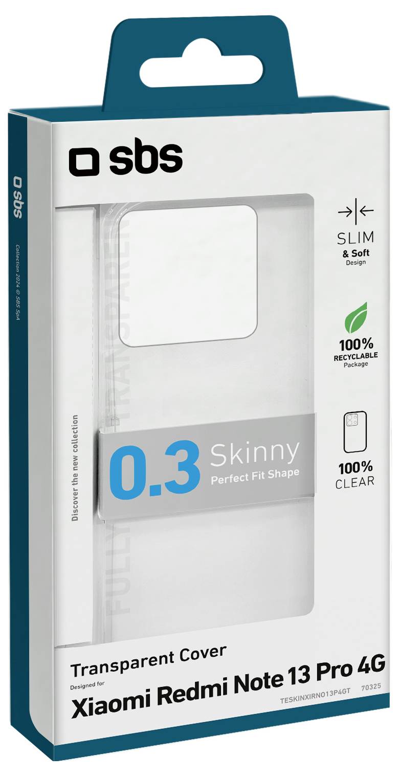Balíček „Transparentný Kryt pre Xiaomi Redmi Note 13 Pro 4G" so značkou „0.3 Skinny", ktorý zdôrazňuje jeho tenký a priehľadný dizajn.