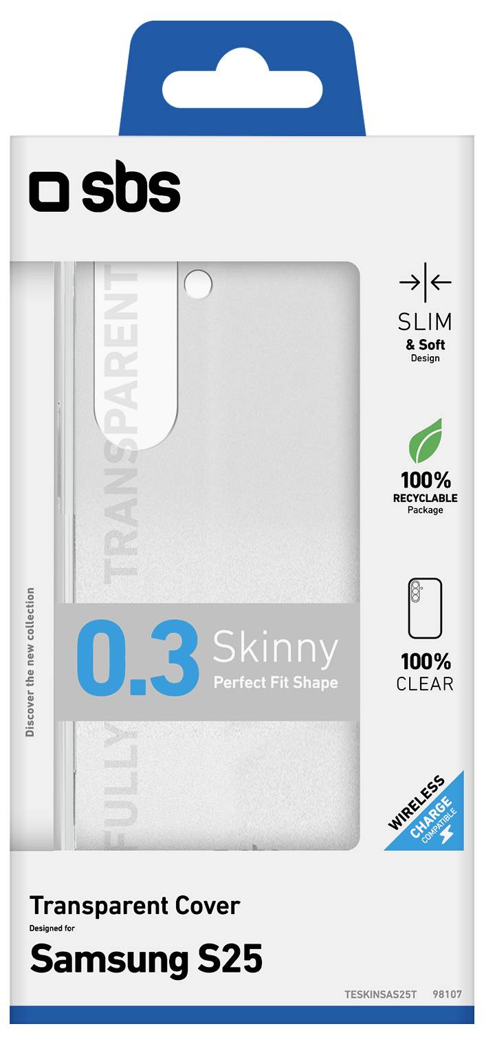 Transparentný obal pre Samsung S25: Štíhly, mäkký, hrúbka 0,3 mm, 100% recyklabilný, kompatibilný s bezdrôtovým nabíjaním.