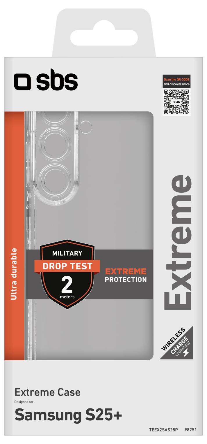 Balík 'Extreme Case for Samsung S25+' zobrazuje odolný obal s testom vojenského pádu z výšky až 2 metrov a kompatibilitou s bezdrôtovým nabíjaním.