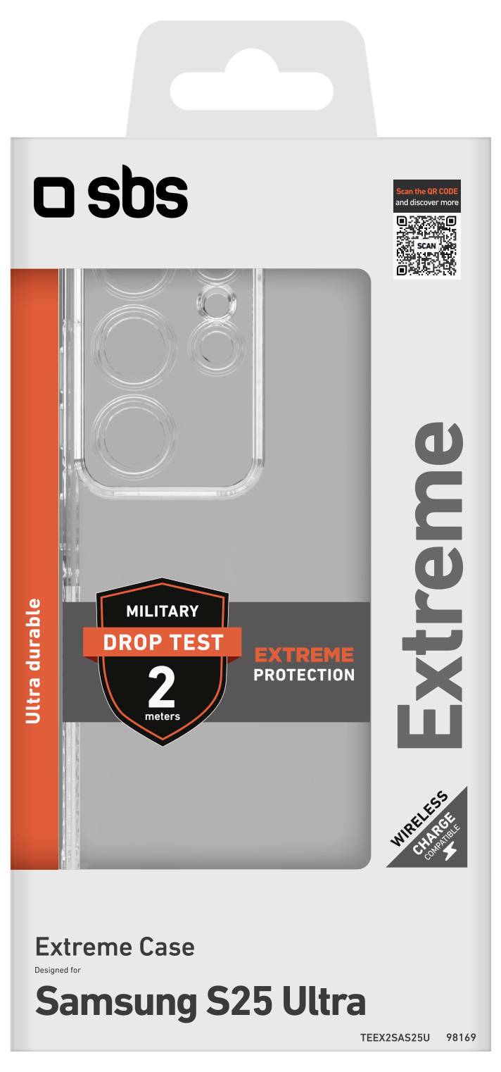 "SBS Extreme Case pre Samsung S25 Ultra, ultra odolný, vojenský test pádu z 2 metrov, extrémna ochrana, kompatibilný s bezdrôtovým nabíjaním".
