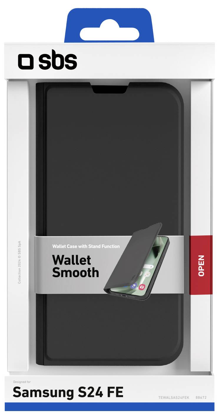 Puzdro pre telefón „Wallet Smooth" na Samsung S24 FE s funkciou stojančeka, zobrazené v bielej a modrej krabici od značky „sbs".
