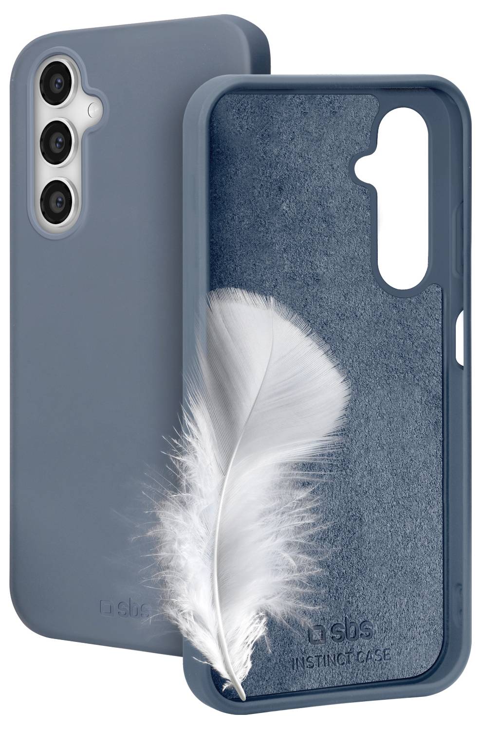 Modré puzdro na telefón s dizajnom pierka na zadnej strane a otvormi pre fotoaparát a tlačidlá, zdôrazňujúce jeho elegantný a mäkký povrch.
