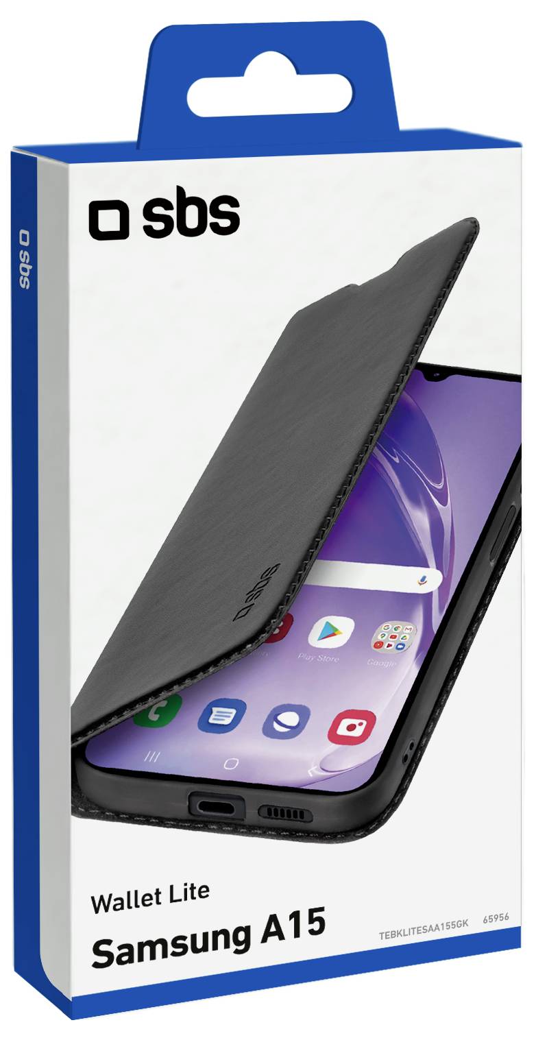 Balíčka pre puzdro 'SBS Wallet Lite' kompatibilné so Samsung A15, s obrázkom čierneho peňaženky-štýlového puzdra na telefón na bielom pozadí.