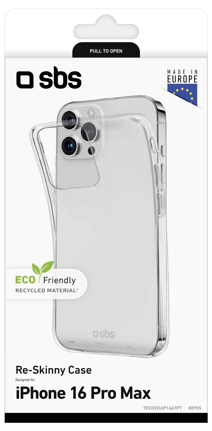 'Čistý pouzdro Re-Skinny pre iPhone 16 Pro Max vyrobené z ekologického recyklovaného materiálu. Vyrobené v Európe.'