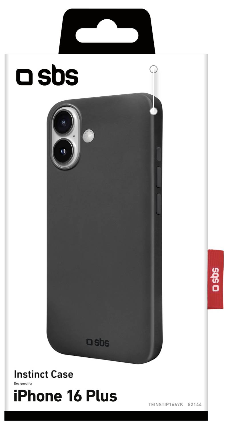 Obal "Instinct Case" určený pre iPhone 16 Plus zobrazený na balení, s čiernym puzdrom na telefón s dvoma rezmi na fotoaparát v závesnom displaji.