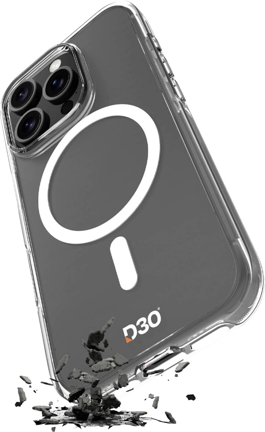 Smartphone v priehľadnom ochrannom puzdre s textom „D3O", ktorý je znázornený ako absorbuje náraz, pričom sa úlomky rozptyľujú pod ním.