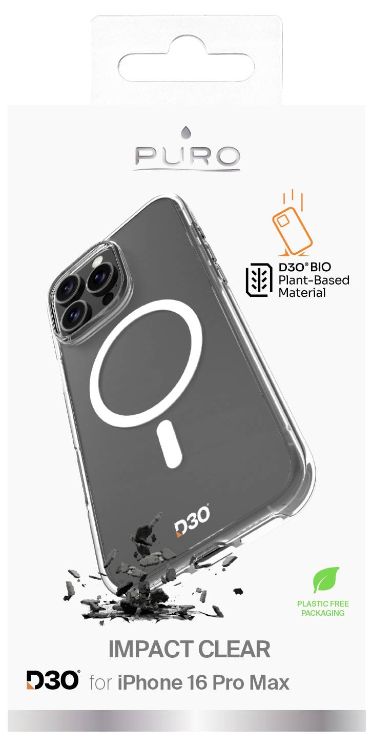 Transparentný obal na telefón na iPhone 16 Pro Max s textom "Impact Clear", "D3O" a "Plant-Based Material". Ďalšie detaily zahŕňajú praskaný dizajn a logo.
