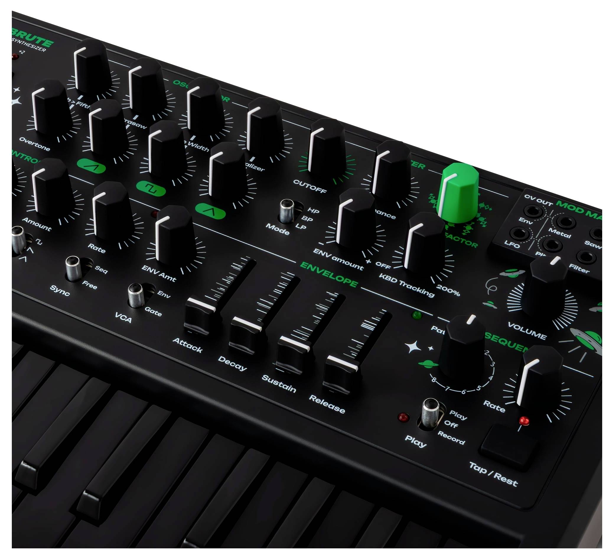 Čierny synthesizér s viacerými gombíkmi a posúvačmi na nastavovanie zvukových parametrov, s označenými sekciami ako 'Obálka' a 'Hlasitosť'.