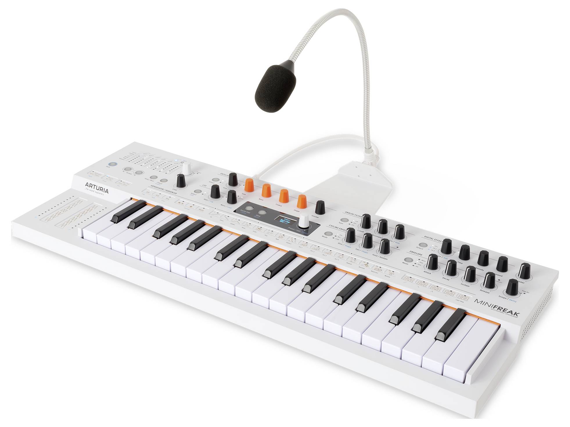 Biely MIDI keyboard s 25 klávesmi, rôznymi kontrolnými gombíkmi a pripevneným husím krkom mikrofónu. Názov značky je viditeľný.