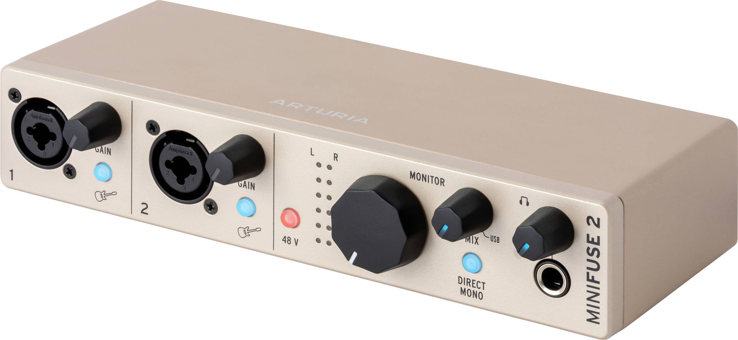 Béžové audio rozhranie s dvoma kombinovanými XLR/TRS vstupmi, veľkým ovládačom hlasitosti monitora a slúchadlovým výstupom označené ako "MINIFUSE 2".
