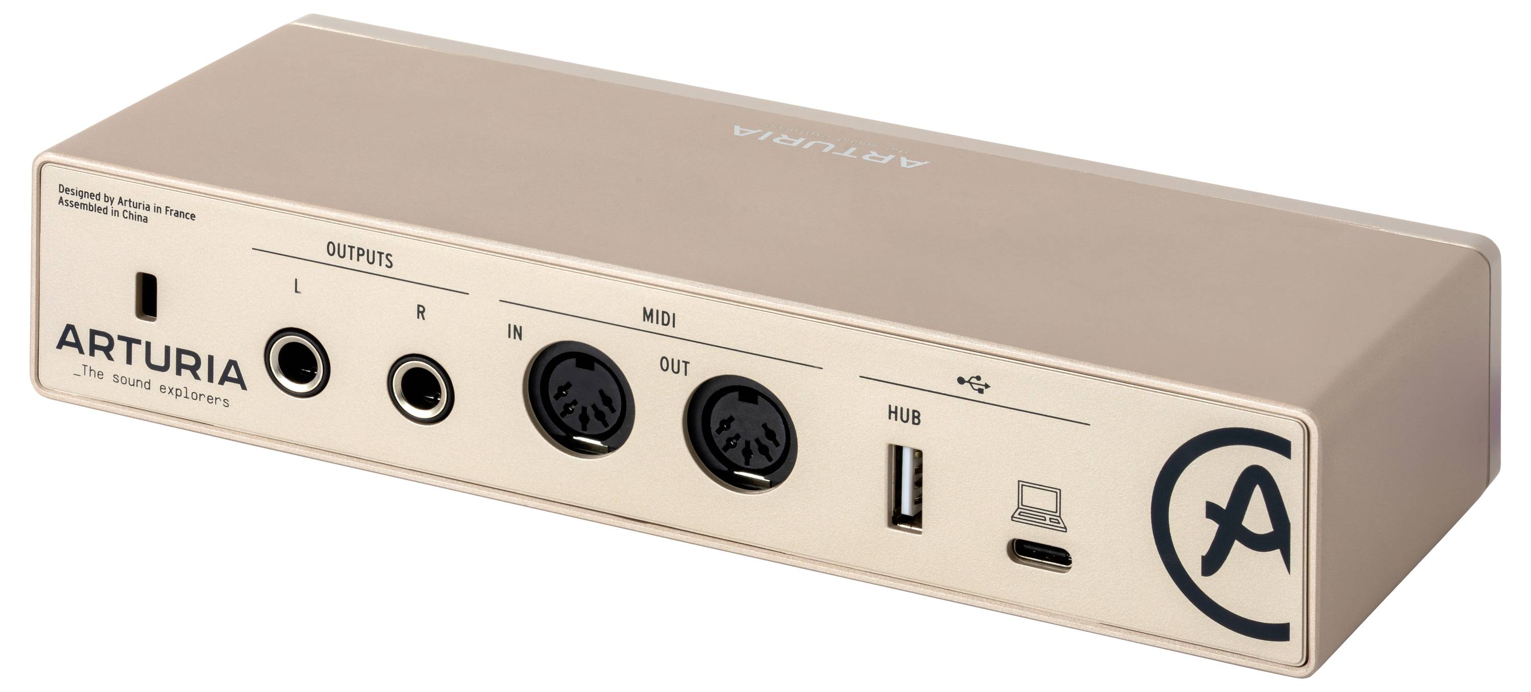 Béžový audio rozhranie zariadenie zobrazujúce rôzne vstupné/výstupné porty vrátane MIDI, USB a audio zdierok, označené názvom 'Arturia'.