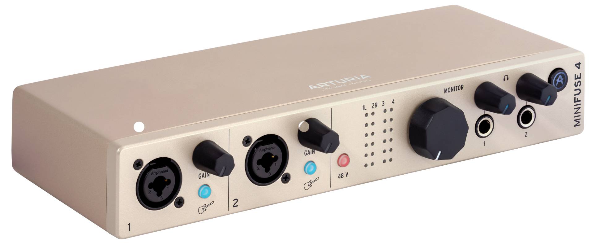 "Audio rozhranie Arturia MiniFuse 4" zobrazujúce prednú časť panela so vstupmi a ovládacími gombíkmi, duálnymi XLR/TRS vstupmi a výstupmi pre slúchadlá.