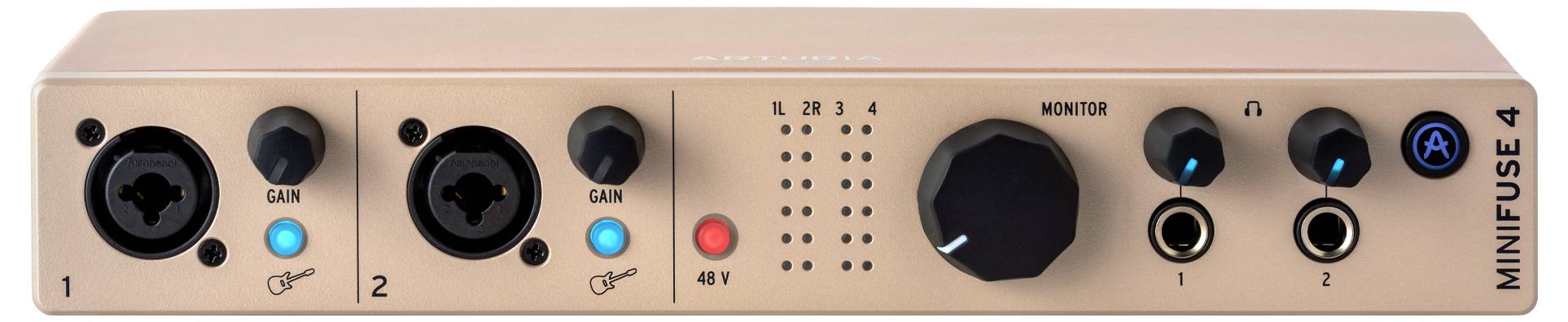 Audio rozhranie so vstupnými gombíkmi, ovládačmi zisku a možnosťami monitorovania výstupu. Na zariadení je viditeľný názov modelu 'Minifuse 4'.