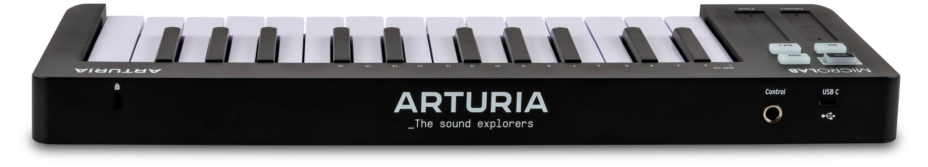 Klávesnica Arturia s čiernym telom, bielymi klávesmi, ovládačmi pitch/modulácie a audio výstupom označená "Zvukoví priekopníci".