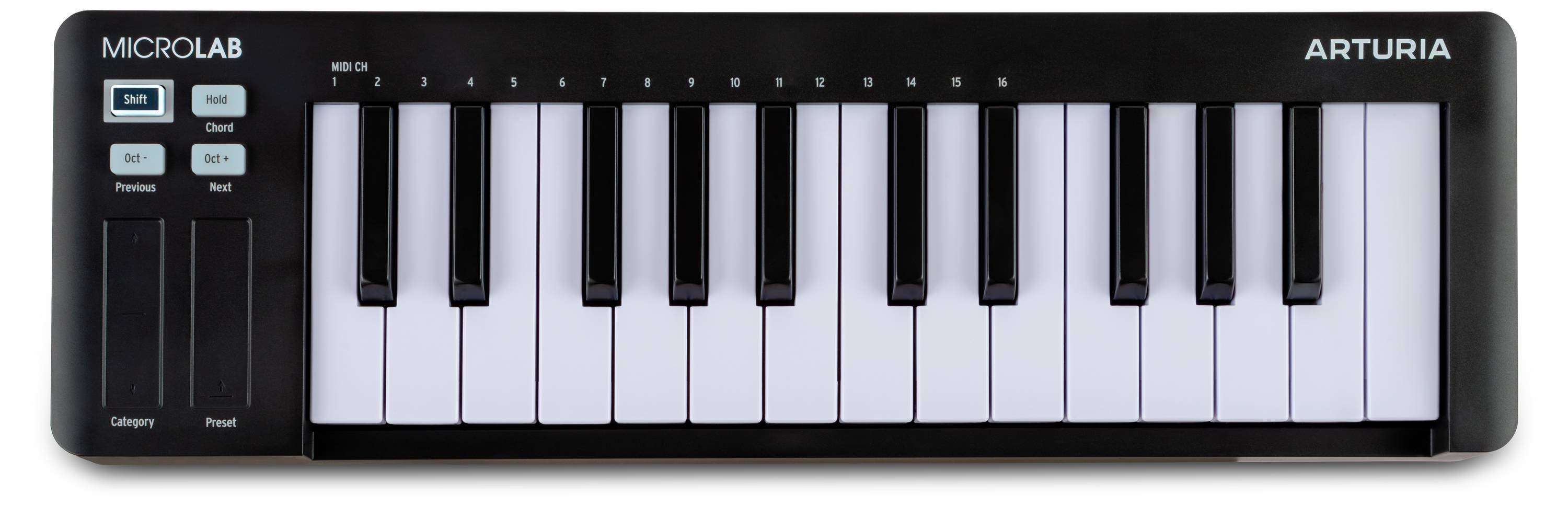 MIDI klaviatúra ARTURIA MICROLAB, 25 klávesov, tlačidlá oktáv, pitch bend, kompaktný dizajn pre tvorbu a produkciu hudby.