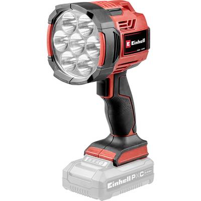 Bezdrôtová ručná pracovná lampa Einhell so šiestimi LED lampami a držadlom, zobrazená namontovaná na batérii.