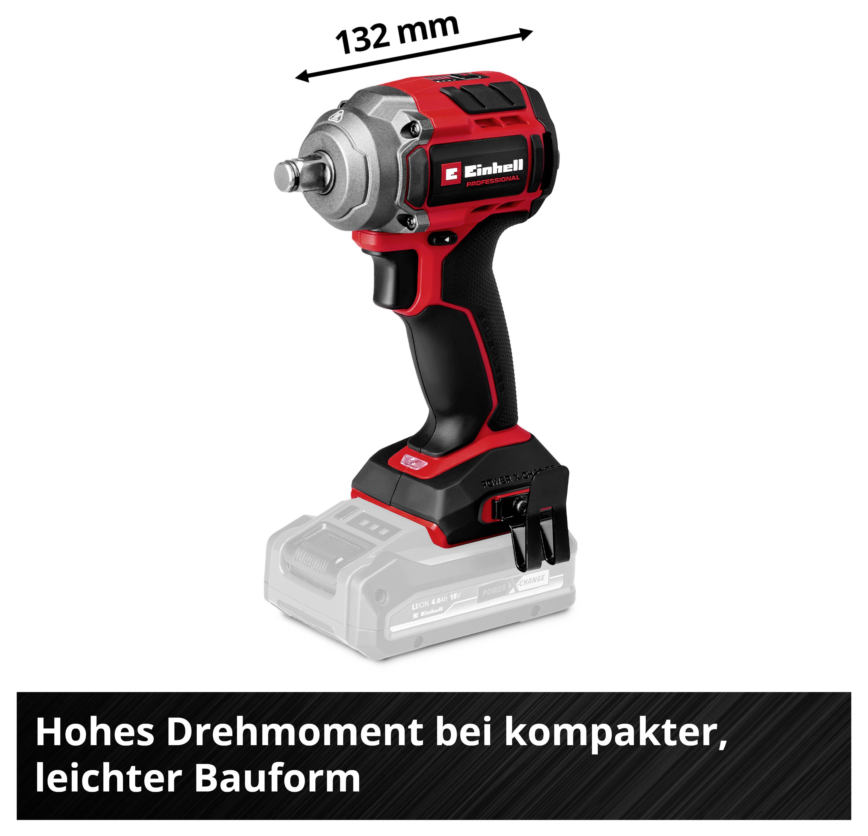 Červený akumulátorový príklepový skrutkovač značky Einhell s čiernou rukoväťou, dĺžka 132 mm, propagovaný pre vysoký krútiaci moment a kompaktný, ľahký dizajn.