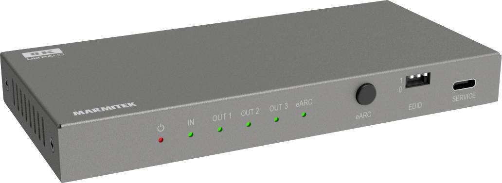 Obdĺžnikové elektronické zariadenie s označenými vstupnými/výstupnými portami, LED indikátormi stavu a tlačidlami pre nastavenie ovládania, vyrobené spoločnosťou Marmitek.