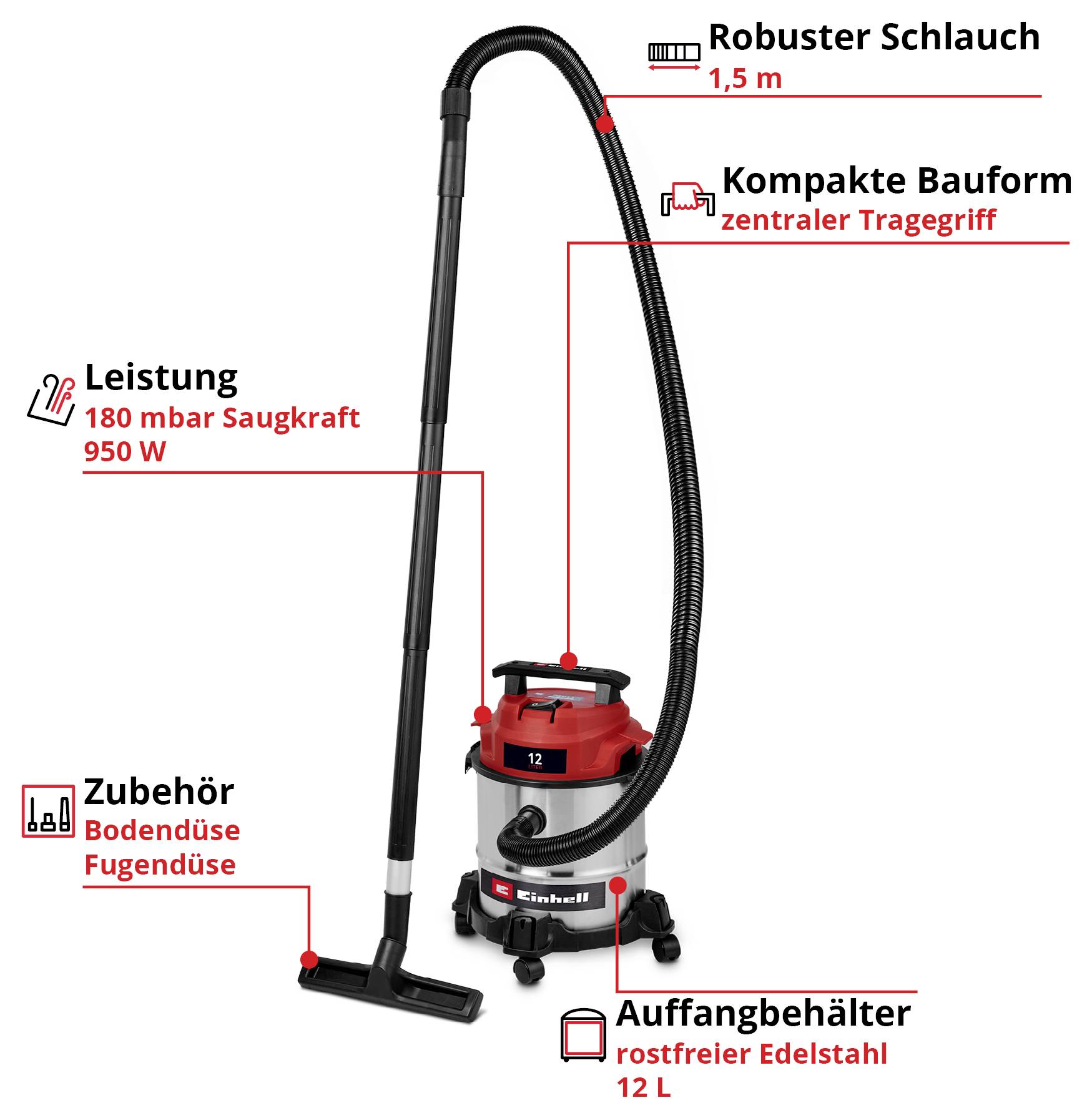 Priemyselný vysávač Einhell na mokré a suché vysávanie s výkonom 950 W, 12-litrovým nerezovým kontajnerom, robustnou 1,5 m hadicou a príslušenstvom. Vysokovýkonná funkcia.