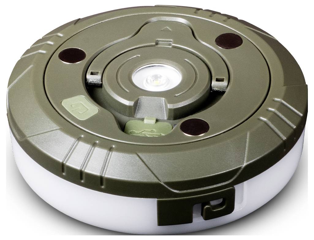 Guľaté, olivovo-zelené kompaktné kempingové alebo úžitkové svetlo s jednou LED žiarovkou v strede a viditelnými tlačidlami na hornom povrchu.