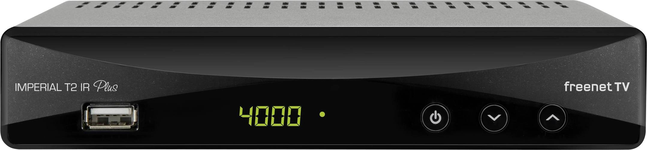 Čierny digitálny TV prijímač s predným displejom zobrazujúcim '4000', USB portom, vypínačom a ovládačmi na navigáciu kanálov.