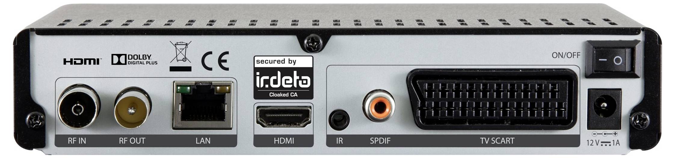 Obrázok zobrazuje zadný panel digitálneho prijímača s rôznymi portmi: HDMI, Ethernet, RF In, LAN, SPDIF, TV SCART a vypínač.