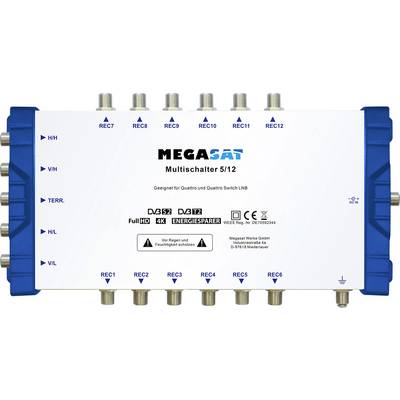 Multiswitchové zariadenie s viacerými vstupmi a výstupmi pre distribúciu satelitného signálu, označené ako 'MEGASAT Multischalter 5/12'.