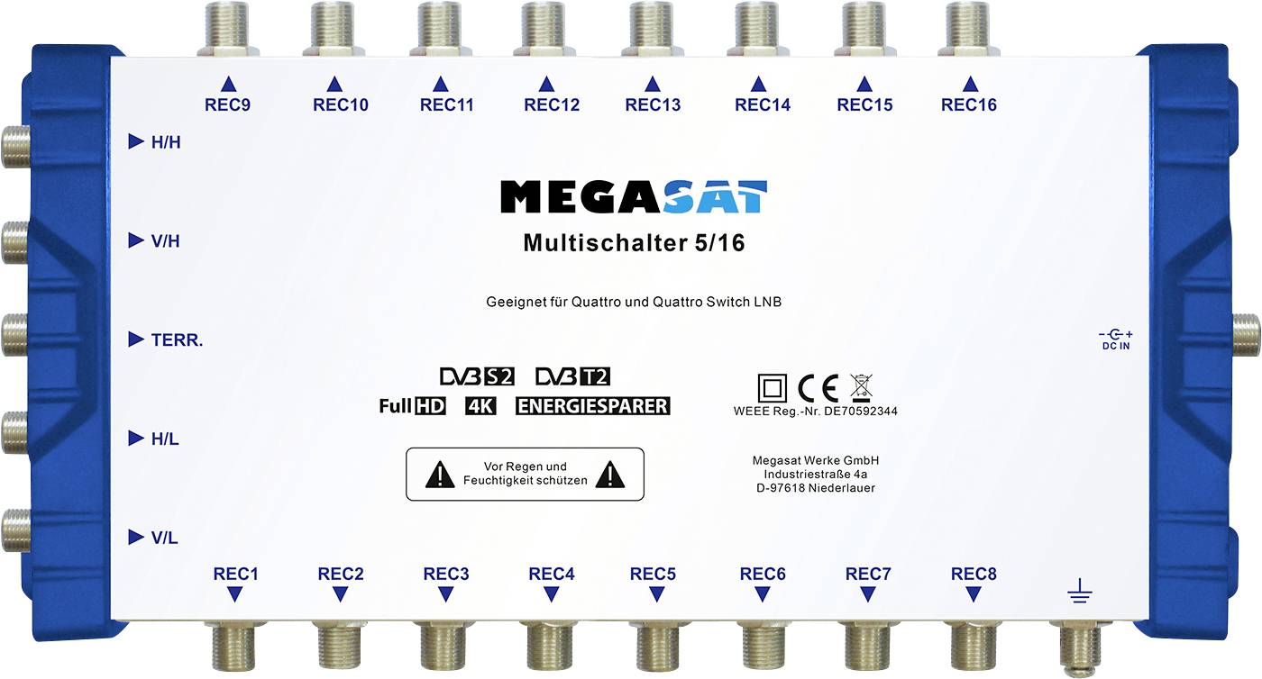 Multispínač s viacerými vstupnými a výstupnými portmi označenými od 'REC1' po 'REC16', vhodný pre LNB jednotky Quattro a Quattro Switch.