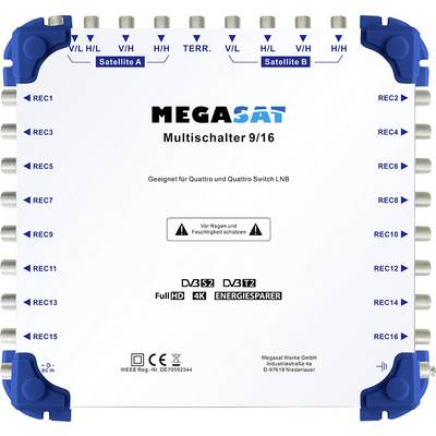 'MegaSat Multischalter 9/16' zariadenie s viacerými vstupnými/výstupnými portami pre satelitné signály, označené ako 'Full HD', '4K', 'Úsporný energetický režim'.