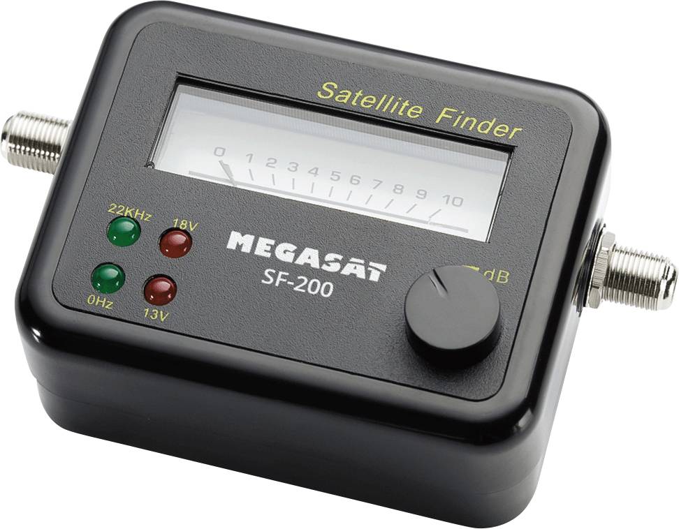 Čierny satelitný vyhľadávač Megasat SF-200 s meračom sily signálu a indikátormi pre 22 kHz, 18 V, 13 V a decibely.