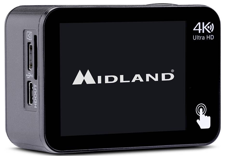 Malá čierna 4K Ultra HD kamera so značkou 'Midland' zobrazenou na obrazovke. Na bočnej strane sú tlačidlá pre HDMI a USB porty.
