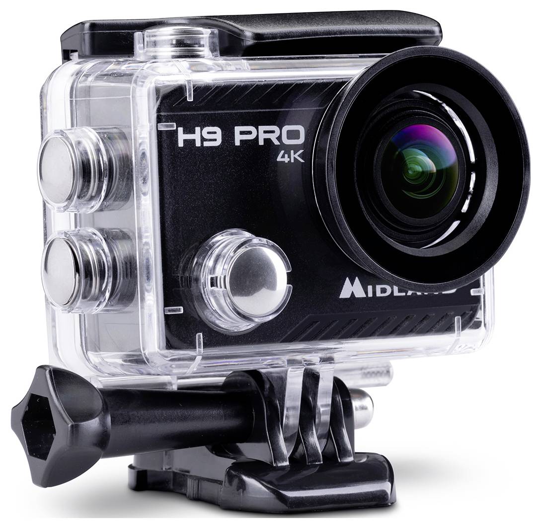 Kompaktná akčná kamera s označením 'H9 Pro 4K', uzavretá v priesvitnom vodotesnom obale, s širokouhlým objektívom a montážnym úchytom.