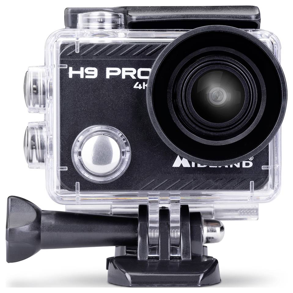Akčná kamera označená ako 'H9 PRO 4K' namontovaná na otočnej základni, navrhnutá na zachytávanie vysoko rozlíšiteľného videa.