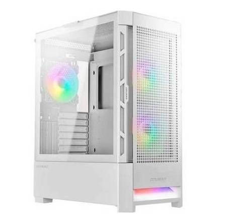 Biela herná PC skrinka s priehľadnými panelmi a farebnými RGB svetlami viditeľnými vnútri, navrhnutá na prezentáciu komponentov.