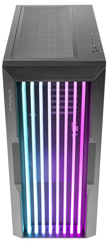 Počítačová skrinka s vertikálnymi RGB LED svetlami, s predným panelom z mreže. Na boku je viditeľný firemný názov 'AZZA'.