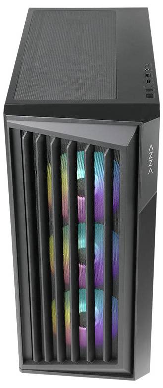 Čierna počítačová skrinka s RGB ventilátormi orientovanými dopredu a vetracím dizajnom, s logom značky NZXT na boku a portami v hornej pravej časti.