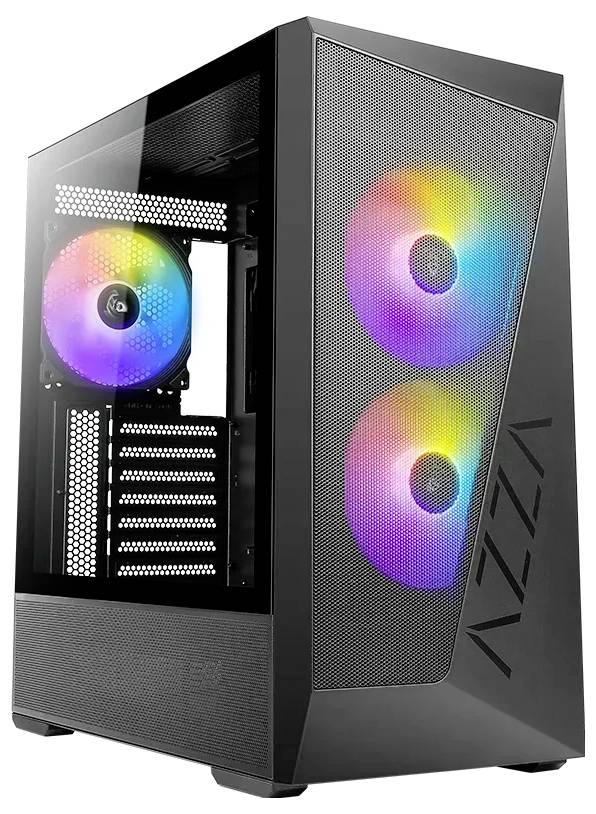 Čierna počítačová skrín s prednou panelom z siete obsahuje tri RGB ventilátory vydávajúce farebné svetlá. Názov značky je na prednej strane.