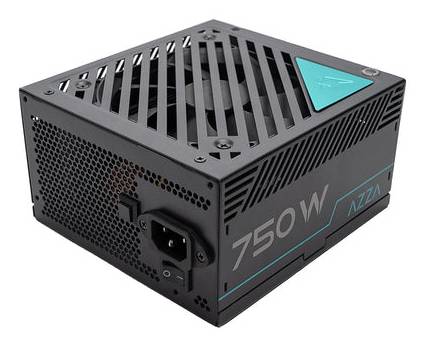 Čierny 750W napájací zdroj AZZA so ventilátorom, mriežkovým dizajnom a spínačom napájania, zobrazený z bočného uhla.