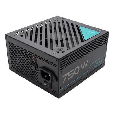 Čierny 750W napájací zdroj AZZA so ventilátorom, mriežkovým dizajnom a spínačom napájania, zobrazený z bočného uhla.
