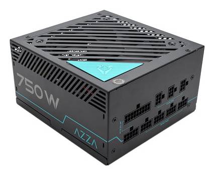 Napájací zdroj NZXT 750W s viacerými konektormi a elegantnným čiernym dizajnom s tyrkysovými akcentmi.