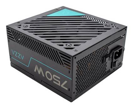 750W napájací zdroj s čiernym a modrým dizajnom, s vetranými hornými a bočnými stranami pre chladenie, so štandardným napájacím konektorom na zadnej strane.